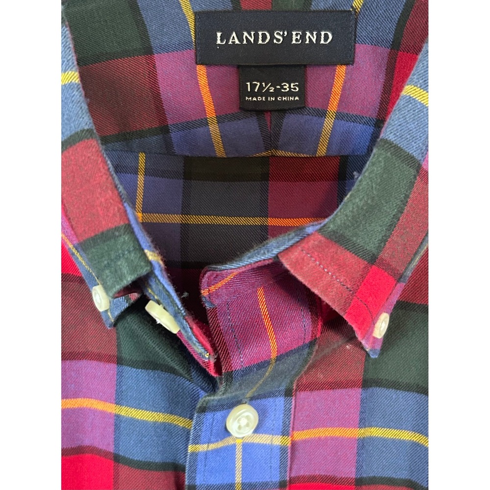 Lands End Mens Plaid Button Down Shirt 17.5 35 Preppy Classic Long Sleeve Cotton